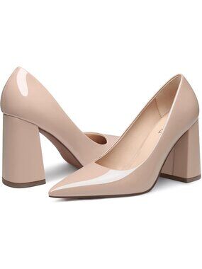 Women's Nude Pat Chunky Block High Heel Sexy Closed Toe Formal Dress Pumps Shoes